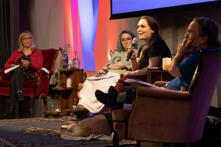 Organisation Image Panel members are seated on a stage during a Crip the Lit event.